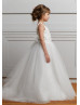 V Neck Beaded Ivory Embroidered Lace Tulle Flower Girl Dress